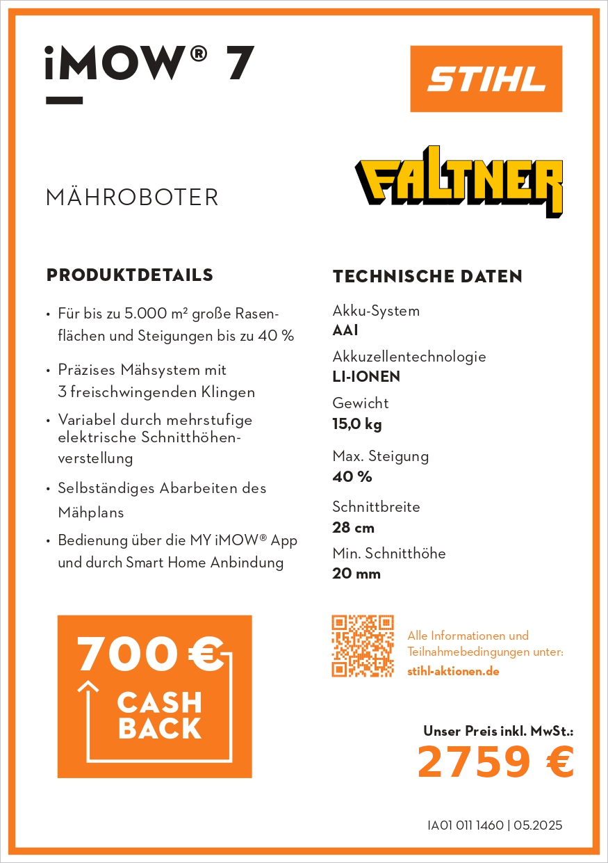 STIHL iMOW 7 Mähroboter – 700 € Cashback, WLAN/Bluetooth, LED-Matrix & 28 cm Disc-Cut bis 5 000 m² Rasen STIHL iMOW 7 Mähroboter – 700 € Cashback, WLAN/Bluetooth, LED-Matrix & 28 cm Disc-Cut bis 5 000 m² Rasen