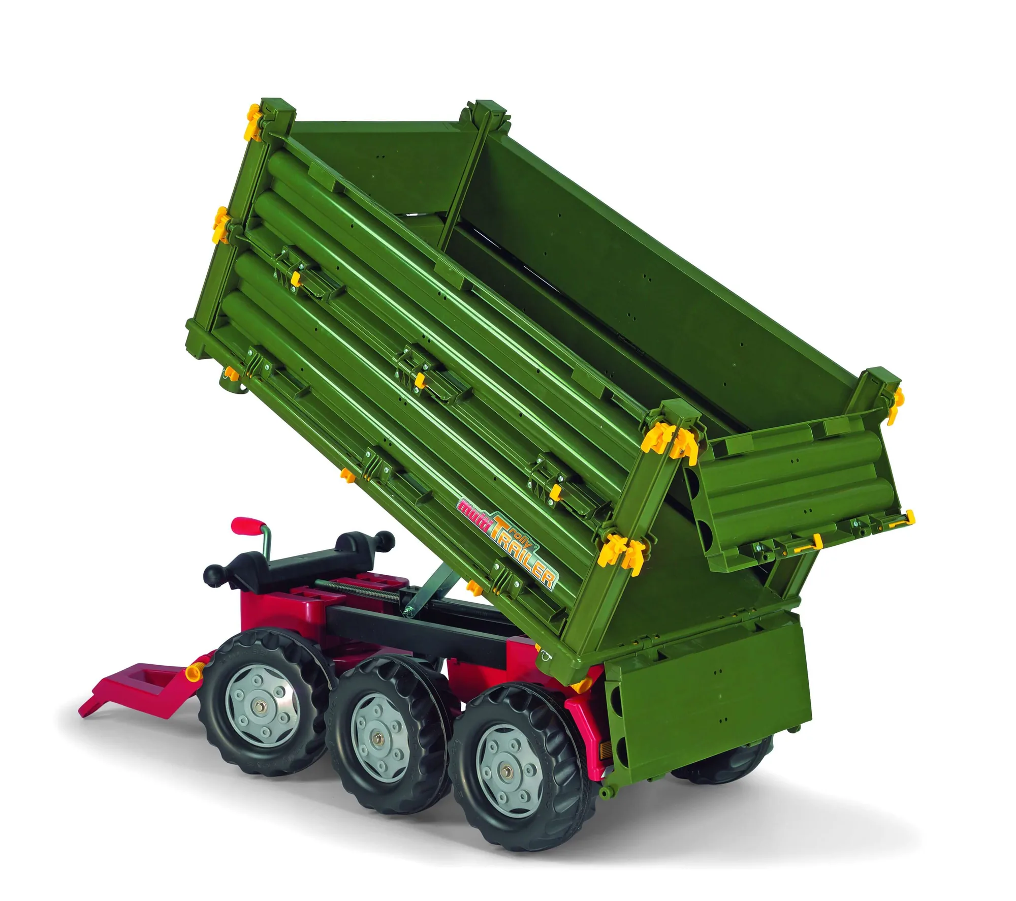 Grüner rollyMulti Trailer mit seitlich gekippter Mulde, Produktansicht