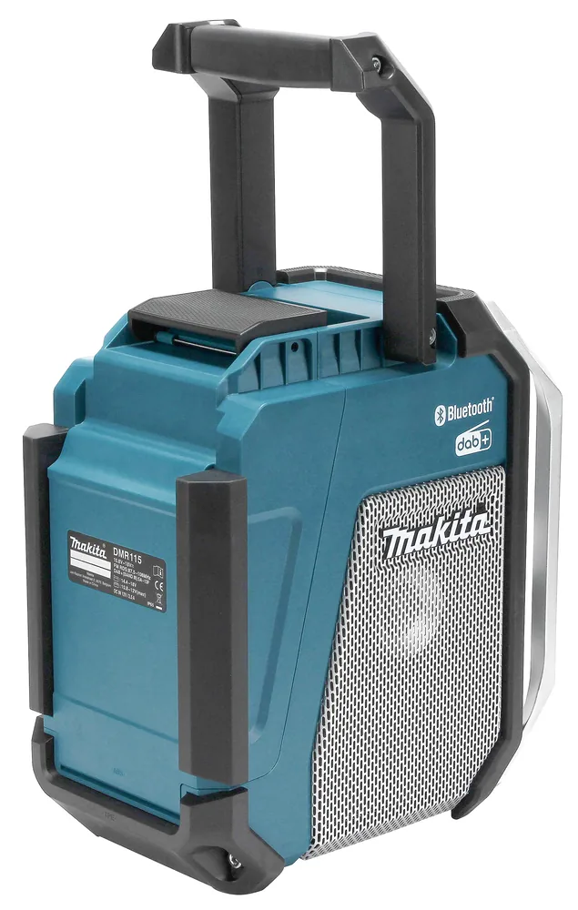 Makita DMR115 Akku-Baustellenradio in Schrägansicht mit Schutzecken