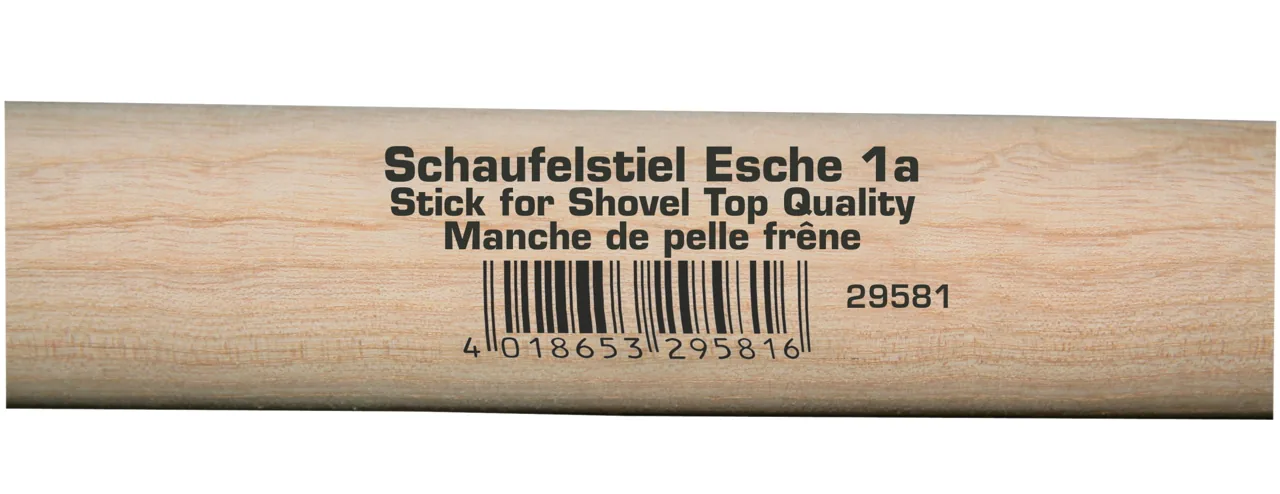 Nahaufnahme des Etiketts Schaufelstiel Esche 1a auf dem Holzstiel