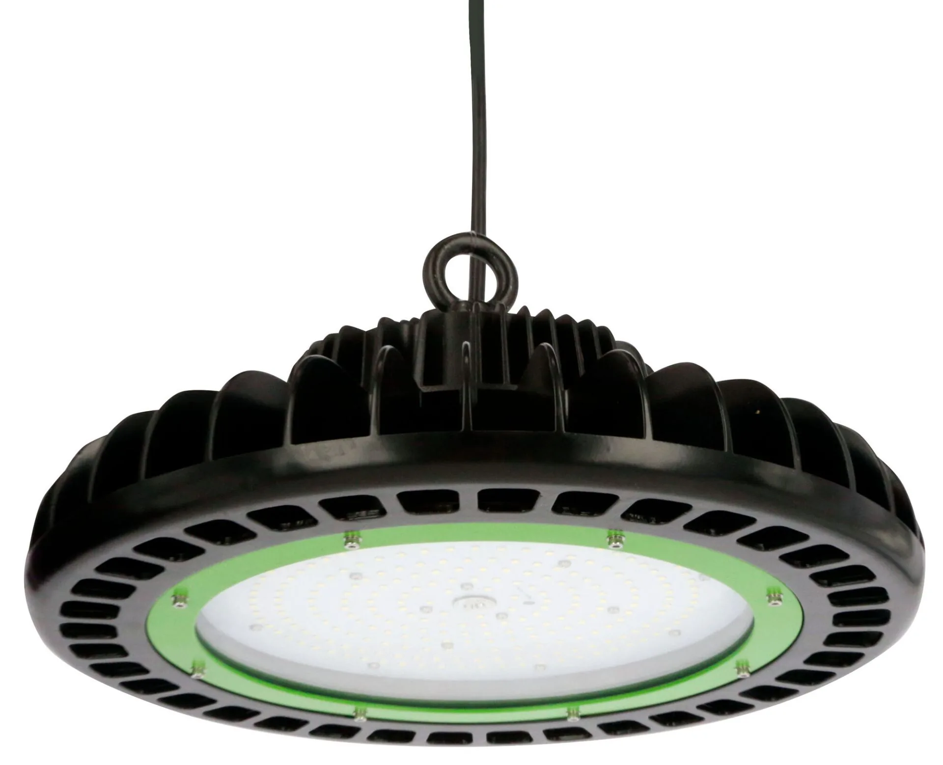 Kerbl LED-Hallenstrahler, runder schwarzer Strahler mit grünem Ring, hängend