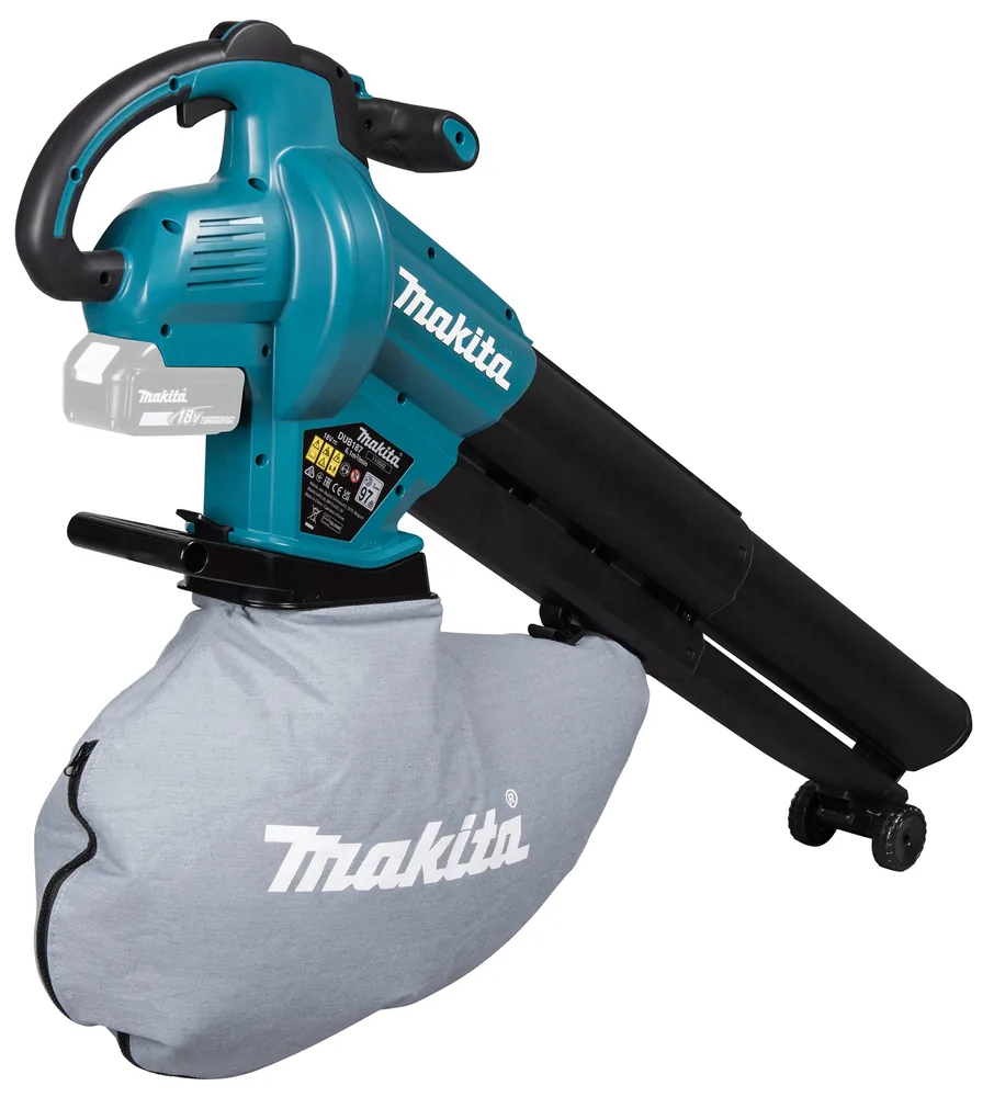 Makita DUB187 Akku-Laubbläser und -sauger in Schrägansicht mit Fangsack