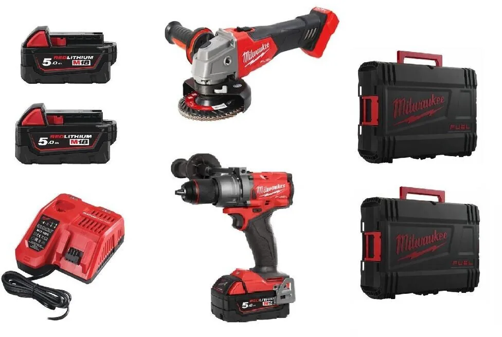 Milwaukee M18 FUEL Powerpack-Set mit Winkelschleifer, Bohrschrauber, Akkus, Ladegerät und Koffern