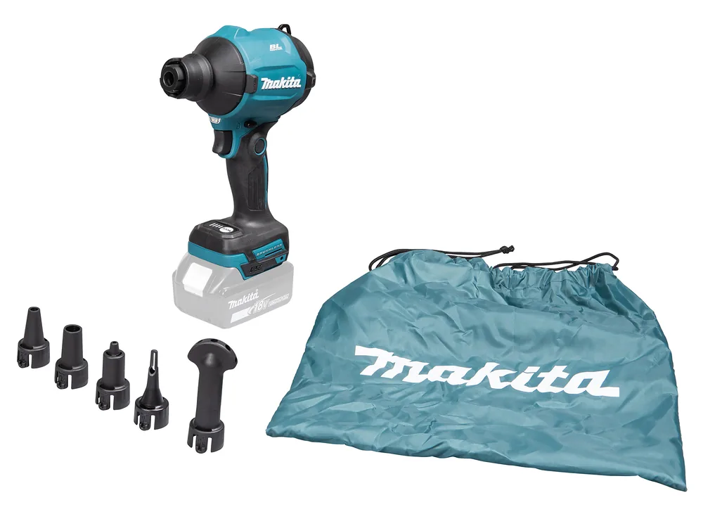 Lieferumfang des Makita DAS180 Akku-Gebläses mit Düsenaufsätzen und Fangsack