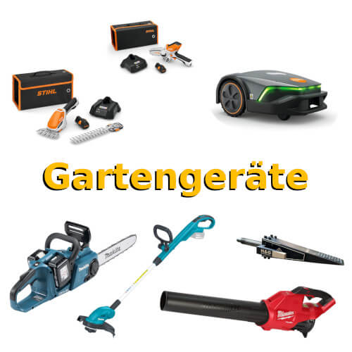 Moderne Akku-Gartengeräte für die Rasen- und Gartenpflege: Mähroboter, Kettensäge, Heckenschere und Laubbläser.