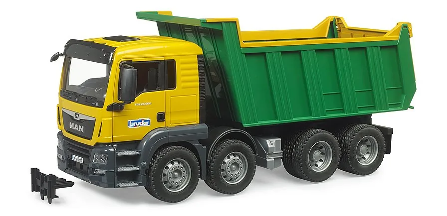 Bruder MAN TGS Kipp-LKW in Gelb-Grün mit Kippmulde, Baustellenfahrzeug im Maßstab 1:16