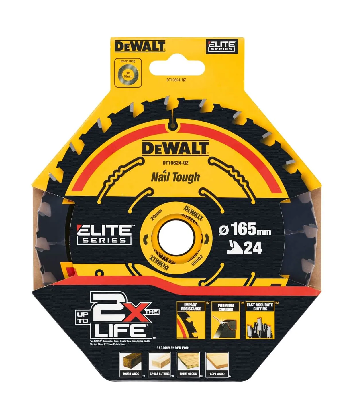 DeWalt DT10624 Kreissägeblatt 165 mm mit 24 Zähnen, Verpackung (Elite Series)