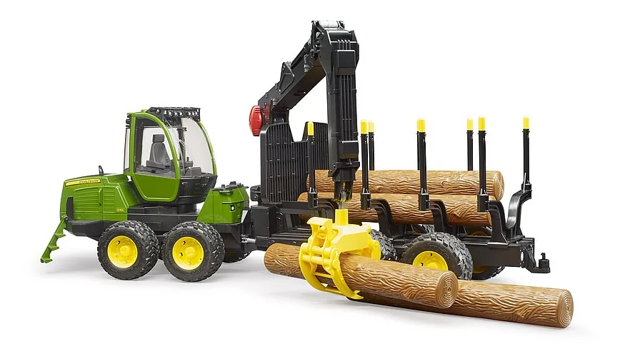 Bruder John Deere 1210E Rückezug in Grün mit Ladekran und Baumstämmen, Spielzeug 1:16