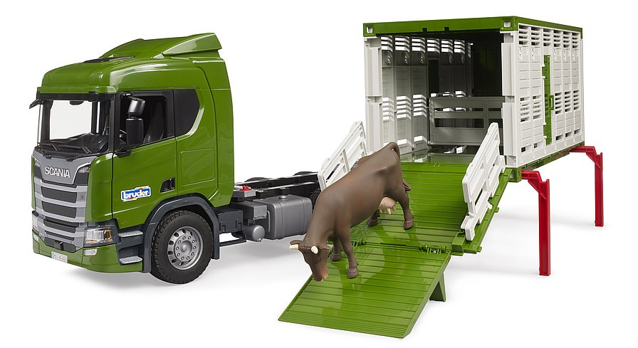 BRUDER Scania Super 560R Viehtransporter mit einer Kuh – Realistisches Tiertransportfahrzeug im Maßstab 1:16