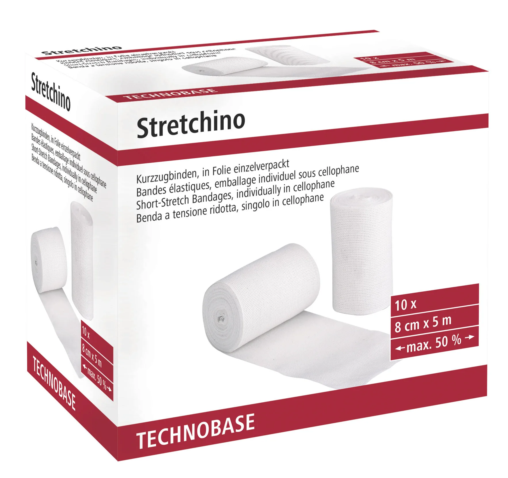 Produktkarton Stretchino Kurzzugbinden 8 cm x 5 m (TECHNOBASE), freigestellt