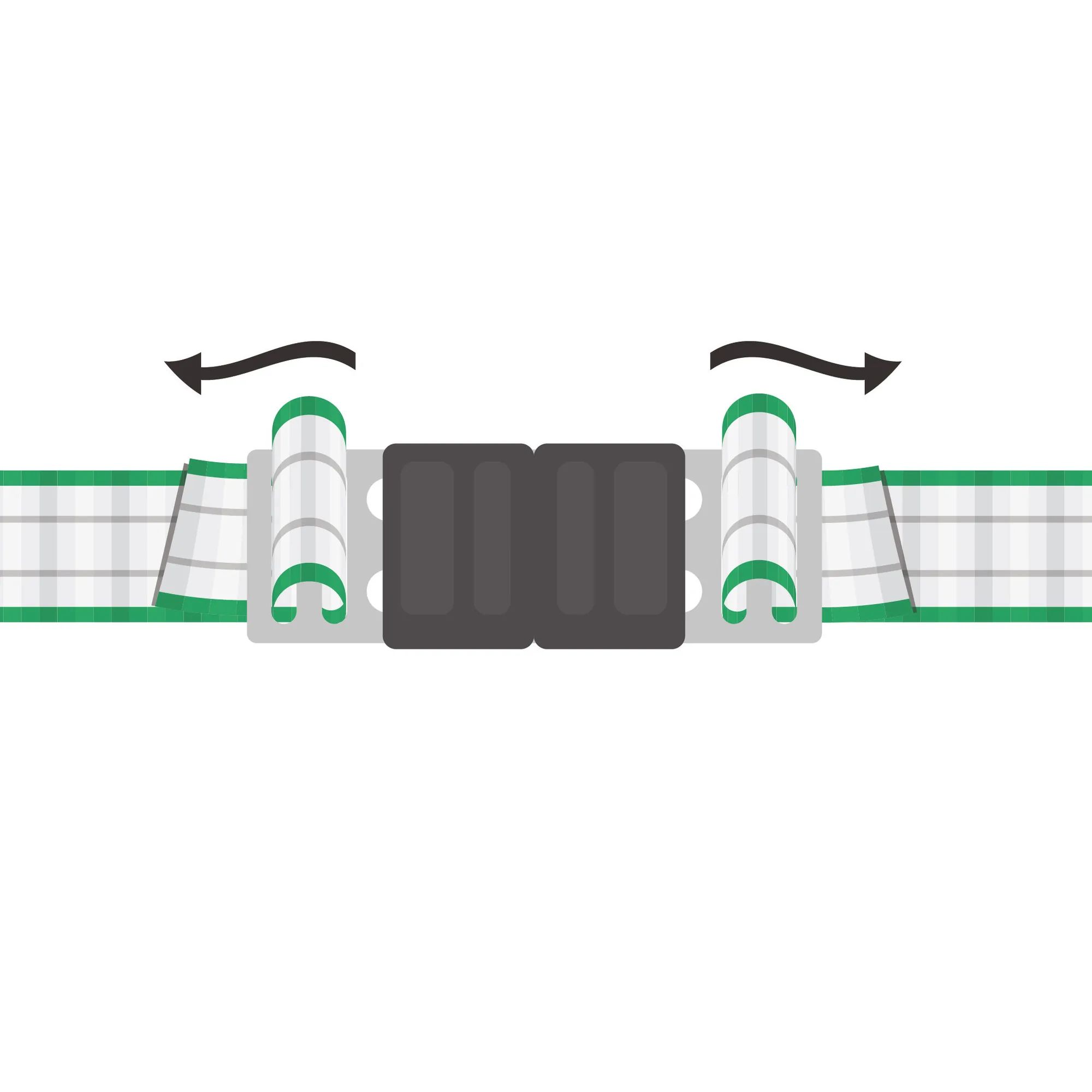 Schemazeichnung des AKO Litzclip 20 mm Bandverbinders, Band einfädeln (Pfeile)