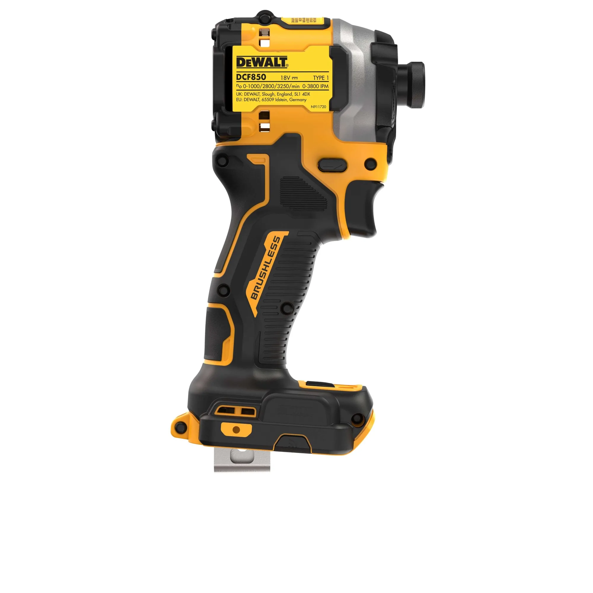 DeWalt DCF850NT Akku-Schlagschrauber mit Typenschild, Schrägansicht
