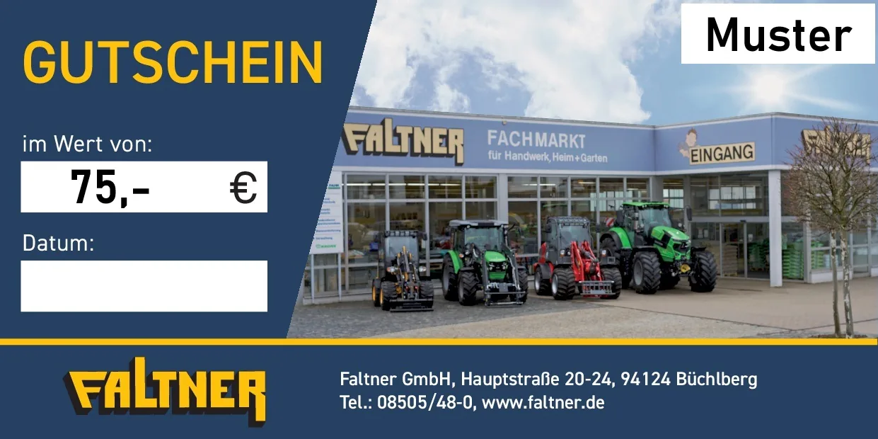 Faltner Geschenkgutschein im Wert von 75 Euro mit Abbildung des Fachmarkts