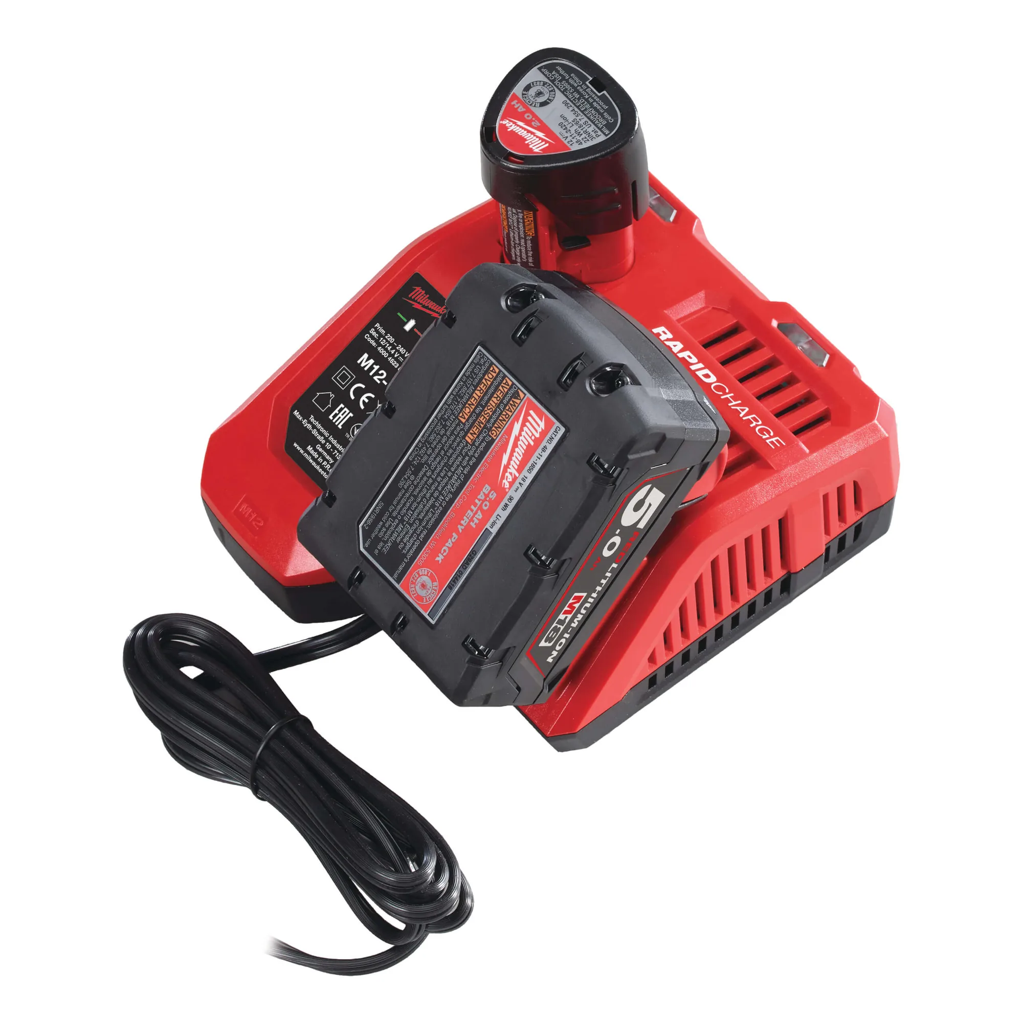 Milwaukee M12-18 FC Schnellladegerät mit Akku, Schrägansicht