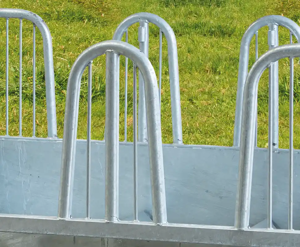 Compact-Viereckraufe mit Palisadenfressgittern auf der Weide